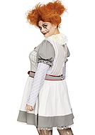 Creepy female clown from IT, costume dress, long sleeves, pom pom buttons, stripes, S to 4XL